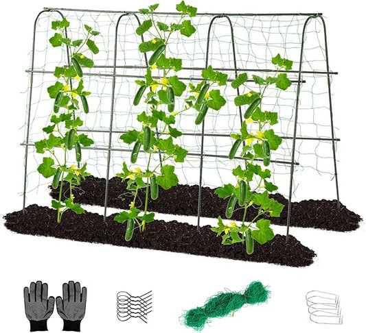 Lalahoni Cucumber Trellis, 65x48 inch Garden Trellis for Climbing Plants Outdoor, Metal Garden Arch Climbing Plant Support Vegetables Peas Beans Squash Cucumber Trellis for Raised Bed, Green