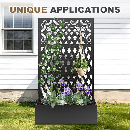 Metal Raised Garden Bed with Trellis & Privacy Screen, 71"x40"x11.8" Galvanized Freestanding Planter Box for Patio Balcony, Modern Planter with Drainage for Climbing Plants, Flowers & Vegetable