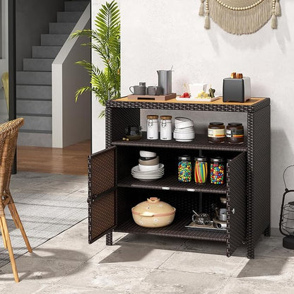 Tangkula Rattan Outdoor Storage Cabinet, Patiojoy Outdoor Cabinet with Acacia Wood Countertop, Open Compartment, 2-Door Wicker Sideboard, Outdoor Bar for Patio Garden Backyard Poolside (Mix Brown)