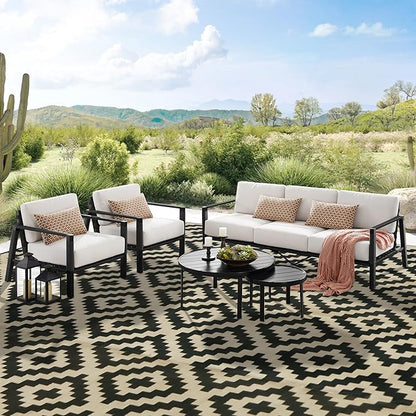 SAND MINE Reversible Mats, Plastic Straw Rug, Modern Area Rug, Large Floor Mat and Rug for Outdoors, RV, Patio, Backyard, Deck, Picnic, Beach, Trailer, Camping, Black & Beige, 10' x 14'