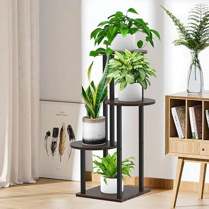 Plant Stand Indoor, 4 Tier Thickened Metal Corner Plant Shelf for Multiple Plants, Indoor Plants Tiered Flower Pot Stand for Patio Garden Balcony Living Room Bedroom(Black Oak)