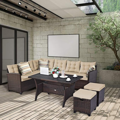Tangkula 5 PCS Patio Furniture Set, Outdoor Conversation Set with 6 Cushioned Seat 2 Ottomans & Coffee Table, All Weather Wicker Dining Table Set with Ottoman, Rattan Sectional Couch Sofa Set