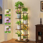 iDavosic.ly 6 Tier Tall Plant Stand Indoor with Light, Tiered Corner Metal Wood Multiple Flower Holder Shelf, 50 Inch Display Grow Rack for Living Room Bedroom, Modern Black & Rustic Brown
