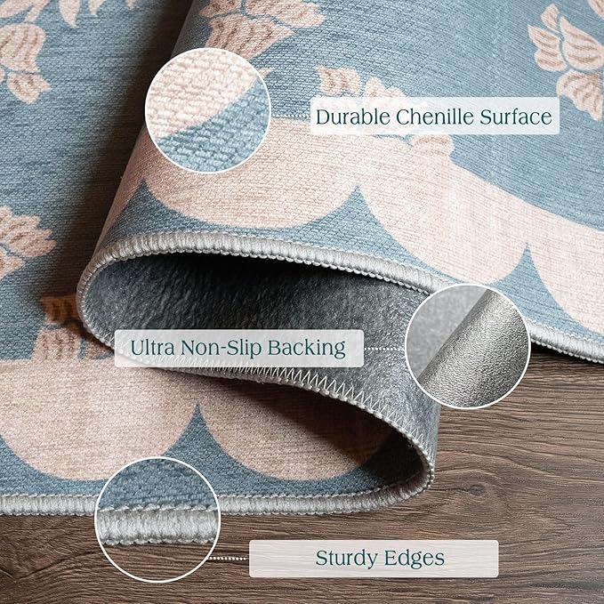 Outdoor Rugs Floral Scalloped Edge Non-Slip Door Mat, Blue 2x3