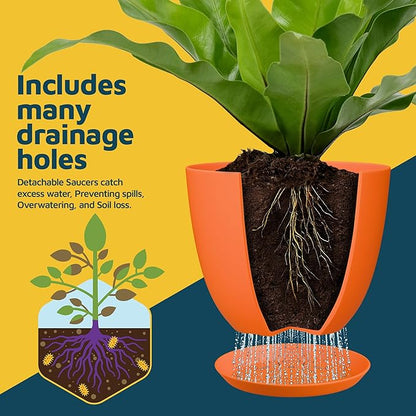 Yellow Plant Pots with Drainage Holes & Saucers 3 Pack, Indoor & Outdoor Stackable Space-Saving Planters for Houseplants & Flowers, (7", 6.7", and 6" Inches), Durable & Weatherproof Materials