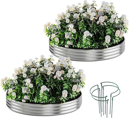Galvanized Metal Planter Round Raised Garden Bed Kit for Gardening Outdoor，2x2x1ft 2pc Grow Garden Box Raised Flower Bed，Round Galvanized Planter Outdoor Metal Fire Pit Ring