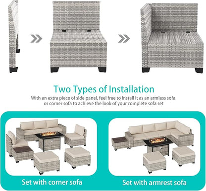 9-Piece Outdoor Patio Furniture Set with 55,000 BTU Fire Pit Table, PE Wicker Rattan Sectional Sofa Patio Conversation Set with Ottomans & Coffee Table, White