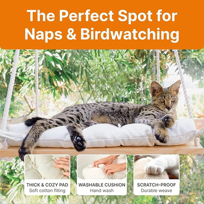 Large Cat Window Perch with Industrial-Grade Suction Cups – Solid Pine Wood Hammock Bed, Soft Cushion - 42 lb Capacity for Heavy Cats Inside