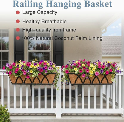 Window Deck Railing Planters Boxes with Coconut Liner, The Bottom Flat Window Boxes Planter Flower Boxes Metal Black Balcony Planters Railing Hanging for Outdoor Fence Porch Patio Lawn(2Pcs 30 Inch)