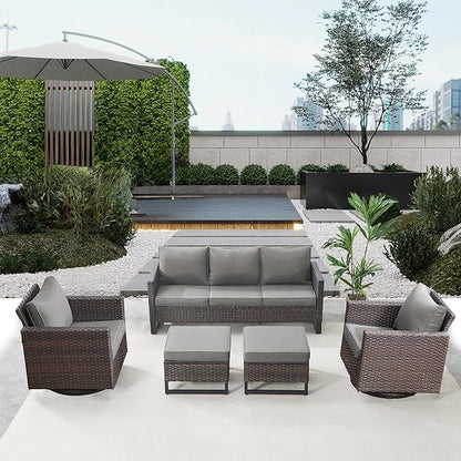 Belord Wicker Patio Furniture 5 Piece Outdoor Sofa Set, Oversize Outdoor Swivel Rocker Chairs with Rattan Ottomans, Conversation Sets Patio Furniture Come with Removable Cushion Grey, Anti-Rust Frame