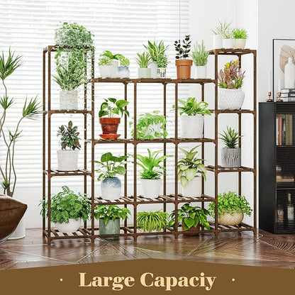 Bamworld Large Plant Shelf Indoor Plant Shelf Outdoor Tall Wood Plant Holder for Living Room Multiple Plants Patio Balcony Garden 17 Pots