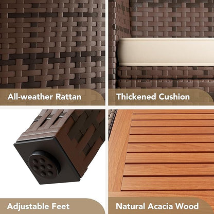 Devoko Outdoor Patio Dining Sets 9 Pieces Wicker Outdoor Dining Table and Chairs Set with Acacia Wood Table Top and Widened Armrests for Backyard, Garden, Deck (Brown)