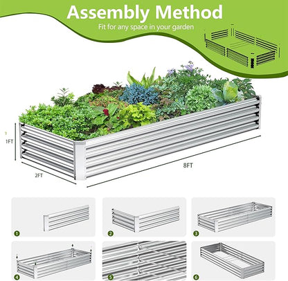 2PCS 8x2x1FT Galvanized Raised Garden Bed, Galvanized Planter Raised Garden Boxes Outdoor, Large Metal Raised Garden Beds for Vegetables-Silver