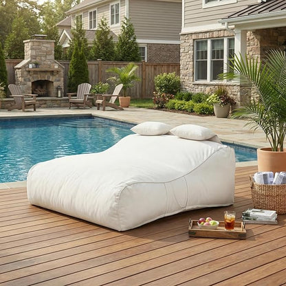 Merax Outdoor Bean Bag Chair Sun Lounger for 2 Adult, 73" Big Comfy Outdoor Bean Bag Daybed Couch with Headrest, Water-Resistant Fabric Patio Chaise Lounger Chair for Pool Balcony Beach Deck, Beige
