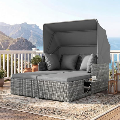 Tangkula Patio Rattan Daybed with Retractable Canopy, Outdoor Wicker Sunbed Lounger with 2 Foldable Side Tables, Thick Seat & Back Cushions, Outside Double Daybed for Garden, Backyard, Porch, Grey