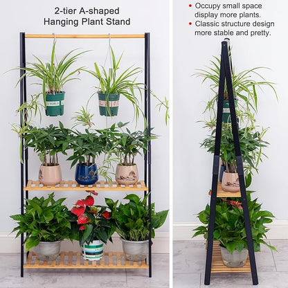 COPREE Bamboo 2-tier Hanging Plant Stand Planter Shelves Flower Pot Organizer Rack Multiple Flower Pot Display Holder Shelf Indoor Outdoor Heavy Duty Planter Shelving Unit