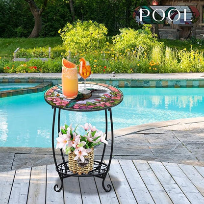 Outdoor Side Table Round Small Mosaic Patio Accent Indoor End Plant Coffee Tea Table for Yard Patio Porch Garden Living Room, Bedroom(Hummingbird Style,18 Inch)