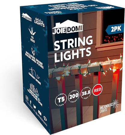 String Lights, 42.8 ft Red Incandescent with 200 T5 Bulbs, Green Wire