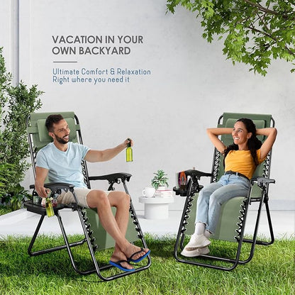 Nestl Zero Gravity Chairs Set of 4, Patio Lounge Chair Outdoor with Pillows & Cup Holder Trays, Adjustable Steel Mesh Reclining Camping Chair, Folding Patio Lawn Chair for Deck, Beach - Sage Green