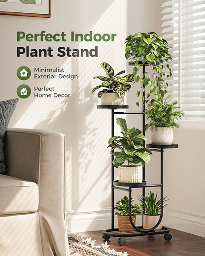 Bamworld Tall Plant Stand Indoor Outdoor Plant Stand with Wheels Heavy Duty Metal Plant Shelf for Multiple Plants Flower Stands for Patio Corner Garden Living Room Balcony, Black