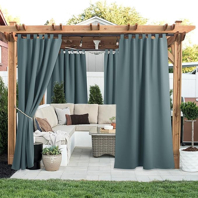NICETOWN 2 Panels Greyish Blue Porch Curtainss Outdoor Waterproof for Patio, Self-Stick Tab Top Blackout Heat & Cold Block Indoor Outdoor Curtainss & Drapes Privacy for Pergola/Patio, W52 x L108