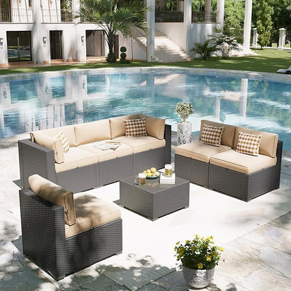 Aoxun Patio Furniture Set, 7 Piece Outdoor Sectional Sofas with Waterproof Cover, Wicker Rattan Outdoor Furniture Patio Conversation Set for Backyard, Garden Begin