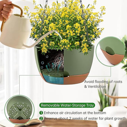 Hanging Planters for Indoor Plants, Set of 2 8/10 Inch Self-Watering Hanging Pots with Drainage Hole & Removable Water-Storage Tray II Screw-in Hooks