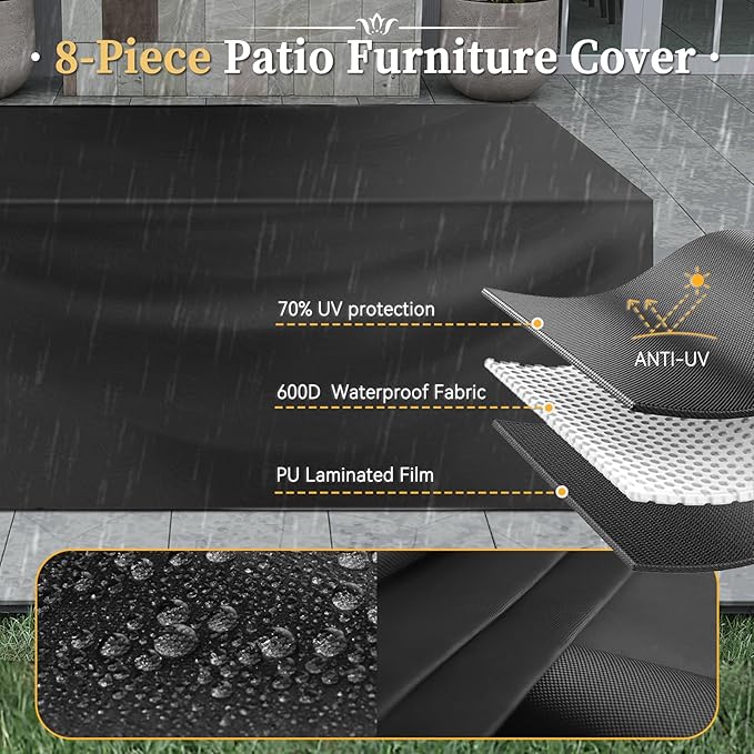 Aoxun 8 Piece Patio Furniture Set with 44'' Fire Pit Table Wicker Rattan Patio Conversation Set Outdoor Sectional Sofa Set with Coffee Table, Grey/Blue(Waterproof Cover Included)