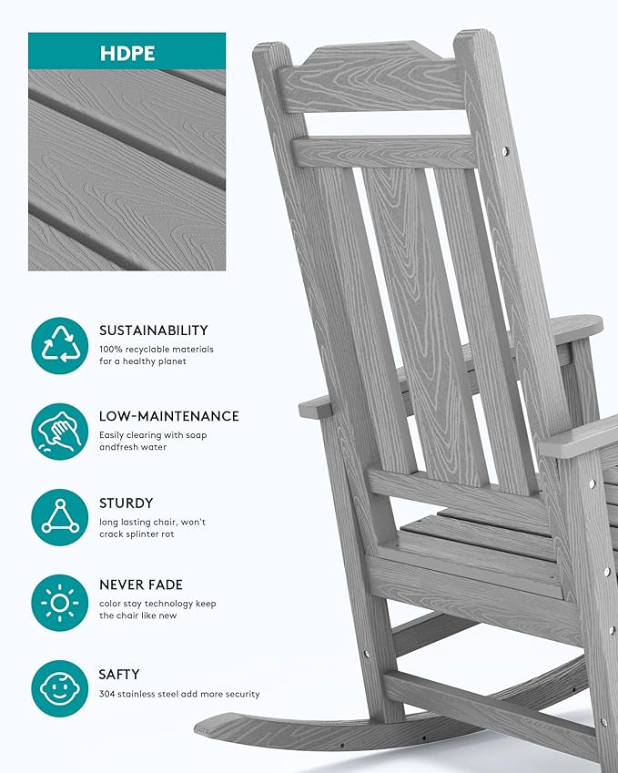 Rocking Chairs in Space Grey, HDPE Wood Texture, 350 lb Capacity, Outdoor Use