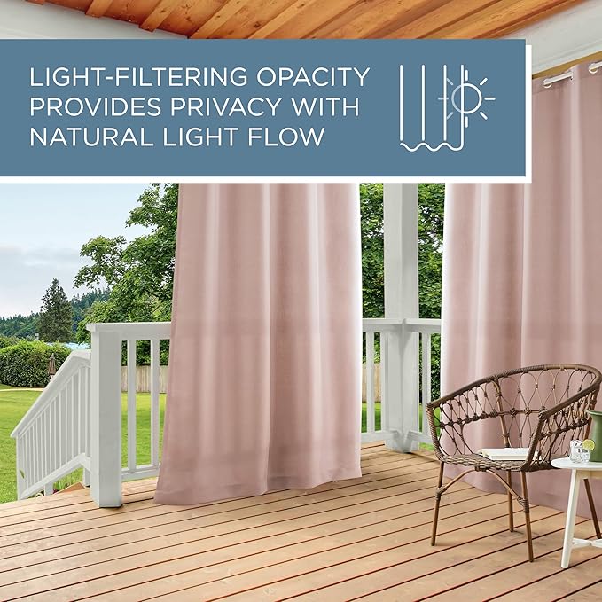 TOWN & COUNTRY BASICS Cabana Solid Heavyweight Indoor Outdoor Curtains, Light Filtering Opacity with Grommet Top, Water Repellent, 2-Pack Set, 54"x96", Blush