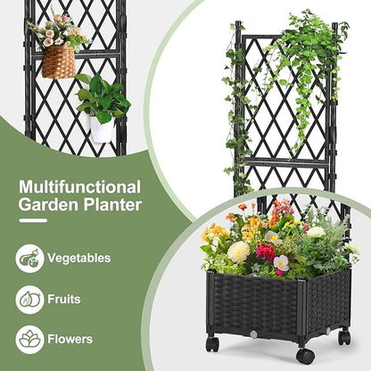 Planter Box with Trellis, 4ft Tall Self-Watering Plastic Raised Garden Beds and Lattice Trellis with Lockable Wheels & Drain Plug for Outdoor Patio Backyard Balcony, Black, 1 Pc