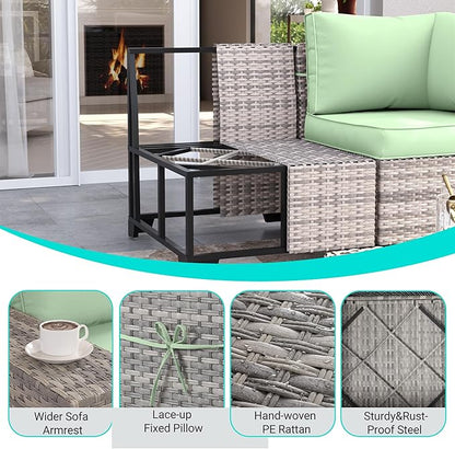 9-Piece Outdoor Patio Furniture Set with Rocking Swivel Chair Wicker Sectional Sofa Set, Patio Conversation Set with Thickened Cushions & Coffee Table for Garden, Backyard, Light Green