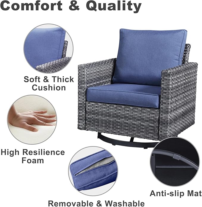 Belord 6 Piece Outdoor Furniture Patio Wicker Sofa Set, Oversize Outdoor Swivel Rocker Chairs with Rattan Ottomans, Conversation Sets Patio Furniture Come with Removable Washable Cushion Blue