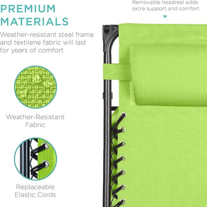 Best Choice Products Folding Zero Gravity Outdoor Recliner Patio Lounge Chair w/Adjustable Canopy Shade, Headrest, Side Accessory Tray, Textilene Mesh - Lime Green