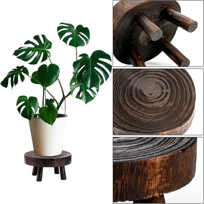 TOPZEA Set of 2 Mini Wooden Stool Display Stand, Wood Riser for Bonsai, Flower Pot, Small Potted Plant Stands Round Rustic Planter Stools Pedestal Risers for Garden, Patio, Home