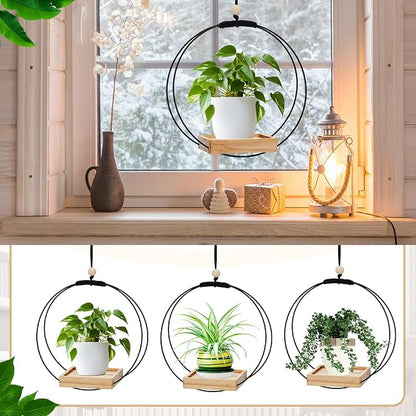 Geelin 2 Pack Plant Hanger with Wood Base Hanging Window Planter Boho Macrame Hanging Plant Holders for Window Indoor Outdoor Room Ceiling Home Decorations(Black)