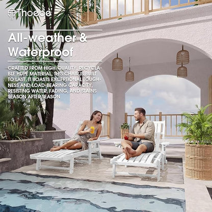 Patio Chaise Lounge Chair, Oversized Lounge Chair Outdoor with 5 Positions, HDPE, Patio Lounge Chair with Wheels & Cup Holder for Pool, Deck, Poolside,White
