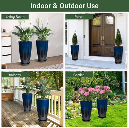 Set of 2 Lightweight Ceramic-Look Tall Planter, 21 inch Large Plastic Planter with Drain Hole & Saucers, Large Outdoor Planters for Porch, Garden, Patio, Balcony(Dark Blue)