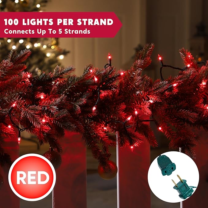 String Lights, 42.8 ft Red Incandescent with 200 T5 Bulbs, Green Wire