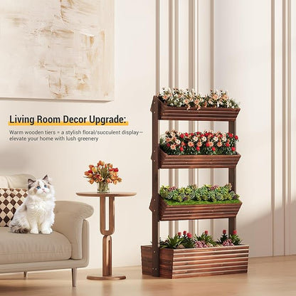 Vertical Wooden Raised Garden Bed Planters Wood Planter Kit Plant Stand Flower Rack Planter Box Gardening Plants Herbs Flowers Vegetables Outdoor Indoor Freestanding (Carbonized 4-Tier)