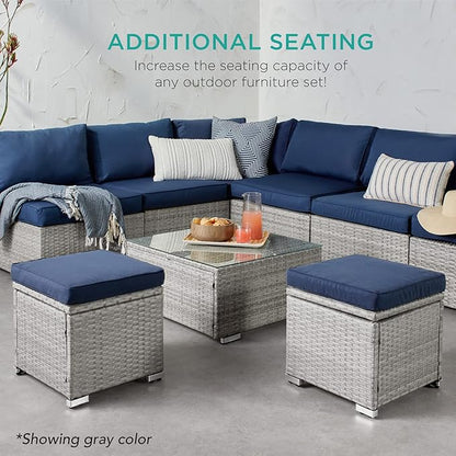 Best Choice Products Set of 2 Wicker Ottomans, Multipurpose Outdoor Furniture for Patio, Backyard, Additional Seating, Footrest, Side Table w/Storage, Removable Cushions - Peacock Blue/Black