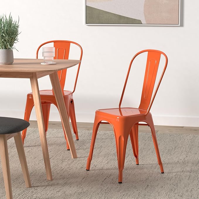 Patio Dining Chairs Set of 4, Orange Metal Farmhouse Style with Rubber Feet