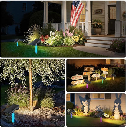 intelamp Solar Spot Light Outdoor Waterproof, 4000mAh RGB + 3 Color LED Landscape Flood Lighting Spotlights for Camping Garden Yard Tree Flag Wall Patio Halloween Christmas Decor with Remote
