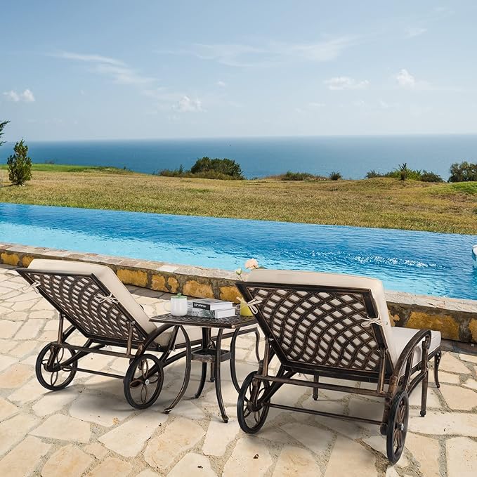 VINGLI Cast Aluminum Outdoor Chaise Lounge Chair with Wheels, Patio Chaise Lounge with 3-Position Adjustable Backrest, Tanning Chair Reclining Chair for Poolside (Bronze, with Cushion)