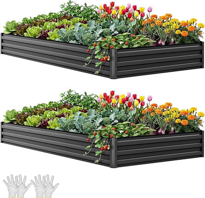 YITAHOME 8x4x1ft 2pcs Large Raised Garden Bed Kit, Galvanized Metal Planter Box with Gloves, Ground Nails & Safety Rubber, Outdoor Above Ground Planters for Plants Vegetables Flowers, Black