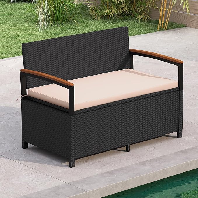 Outdoor Storage Bench in Black Rattan with 46-Gallon Storage