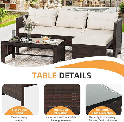Shintenchi 3-Piece Outdoor Patio Furniture Sets, Wicker Patio Conversation Sets, All Weather Wicker Rattan Patio Seating Sofas with Glass Coffee Table and Cushion, Beige