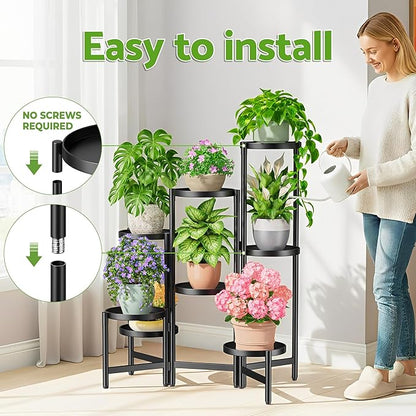 8 Tiered Plant Stand Indoor for Multiple Large Planter, Tall Heavy Duty Adjustable Folding Rack with Rustproof 7.9 Inch Wide Tray, Plant Shelf for Corner Living Room - BlackDisk
