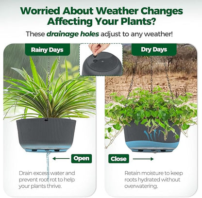 T4U 12 Inch Large Hanging Planters for Outdoor Plants, 2 Pack Self Watering Pots Indoor, Hanging Baskets for Plants,Hanging Flower Pot with Drainage Hole and Plant Hanger, Grey