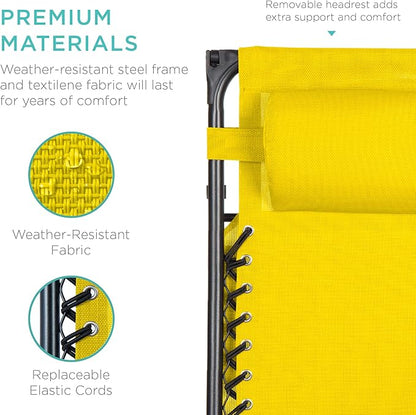 Best Choice Products Folding Zero Gravity Outdoor Recliner Patio Lounge Chair w/Adjustable Canopy Shade, Headrest, Side Accessory Tray, Textilene Mesh - Sunflower Yellow